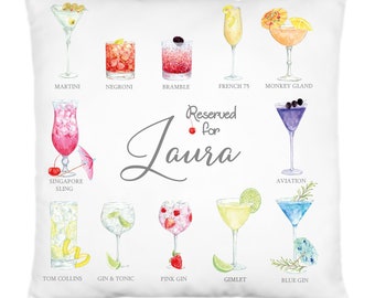 Gin Cocktails Personalised Cushion,Gin Gifts,Gift for Gin Lover,Gift for Gin Drinker,40cms Square,With or Without Cushion Pad