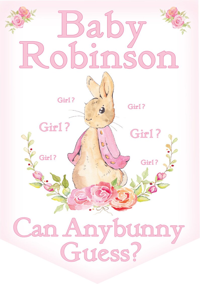 May include: A pink and white baby shower banner with a cartoon bunny rabbit and the text "Baby Robinson Can Anybunny Guess?"