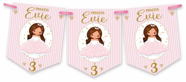 Prinzessin Geburtstag Wimpelkette, personalisierte Kindergeburtstagsparty Banner, Girlande, Auswahl an Haarfarben-MULTIBUY DISKONTEN Bild 1