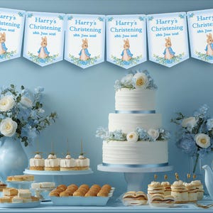 Blaue personalisierte Jungen Taufe, Tauftag, Dekoration Dekor, Wimpelkette, Banner, Peter Rabbit, MULTIBUY RABATTE Bild 3