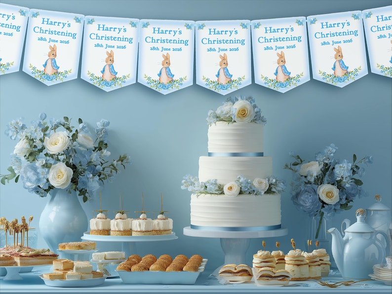 Blaue personalisierte Jungen Taufe, Tauftag, Dekoration Dekor, Wimpelkette, Banner, Peter Rabbit, MULTIBUY RABATTE Bild 3