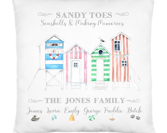Personalised Beach Huts Cushion,Pillow,Family,Seaside,Summer Holiday,40cms Square,With or Without Cushion Pad