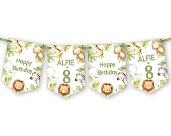Safari Jungle Animals Verjaardagsdecoratie, gepersonaliseerde vlaggenlijn voor kinderverjaardag, banner, slinger