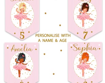 Gepersonaliseerde ballerina's verjaardagsfeestje decoratie, banner, slinger, keuze uit haarkleur-