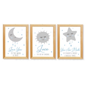 Personalised Nursery Prints,Set of 3 for Boy&#39;s Nursery,Nursery Wall Art,Boho Sun Moon and Stars,Choice of Sizes