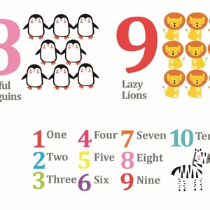 K&ouml;nnte beinhalten: Farbige Zahlen von 1 bis 10 mit entsprechenden Tierillustrationen. Die Zahl 8 ist pink und zeigt acht Pinguine. Die Zahl 9 ist rot und zeigt neun L&ouml;wen. Die Zahl 10 ist blau und zeigt ein Zebra.