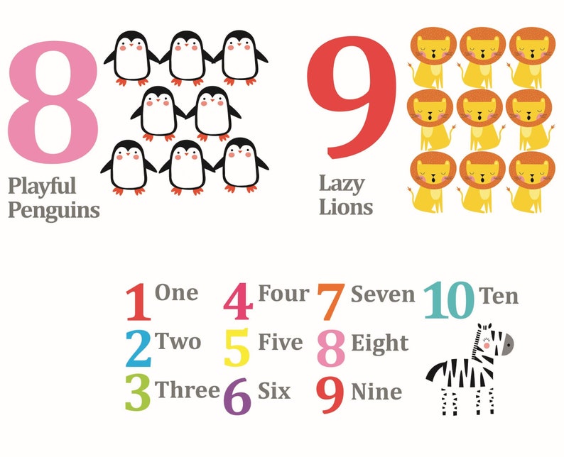 K&ouml;nnte beinhalten: Farbige Zahlen von 1 bis 10 mit entsprechenden Tierillustrationen. Die Zahl 8 ist pink und zeigt acht Pinguine. Die Zahl 9 ist rot und zeigt neun L&ouml;wen. Die Zahl 10 ist blau und zeigt ein Zebra.