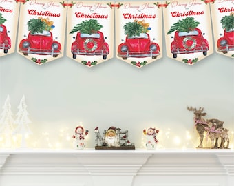 Decoraciones navideñas, pancartas, banderines, guirnalda navideña de coche retro