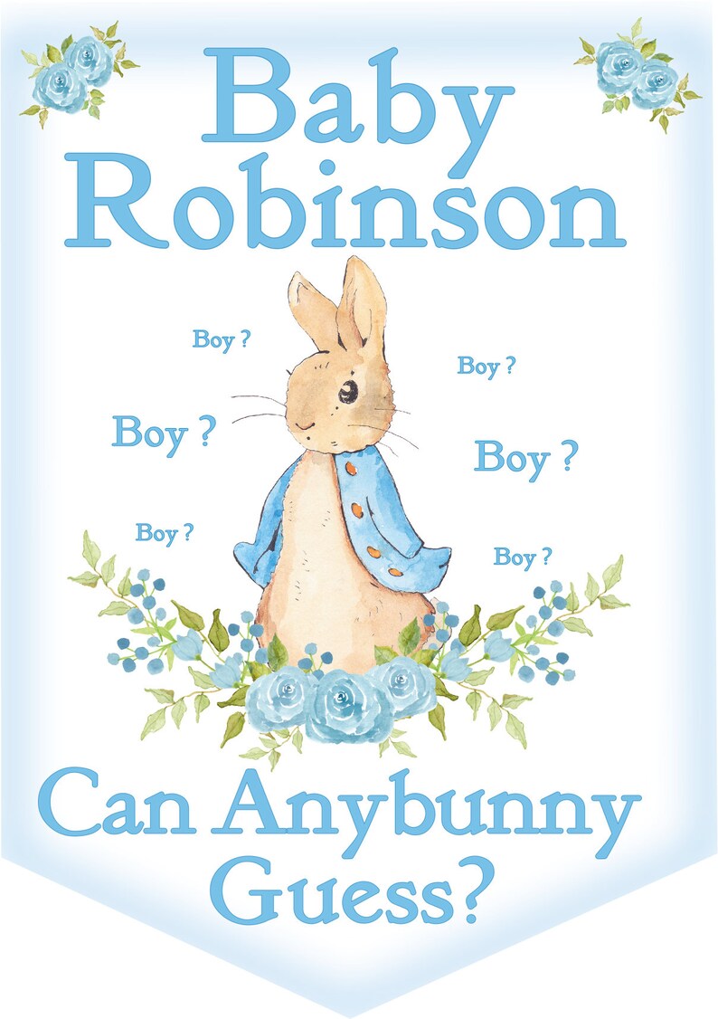 May include: A blue and white gender reveal banner with a cartoon bunny rabbit and the text "Baby Robinson Can Anybunny Guess?"