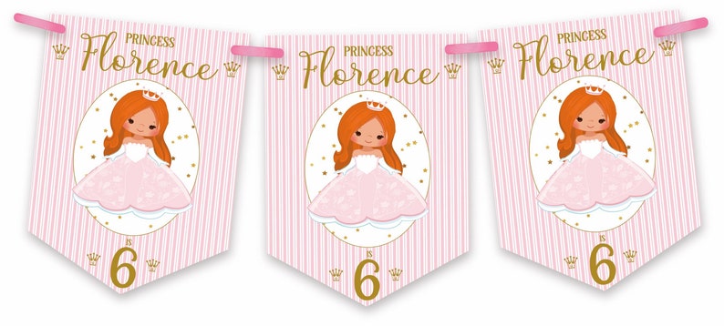 Prinzessin Geburtstag Wimpelkette, personalisierte Kindergeburtstagsparty Banner, Girlande, Auswahl an Haarfarben-MULTIBUY DISKONTEN Bild 3