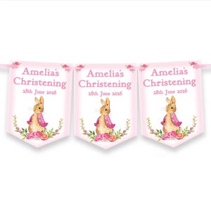 Pink Personalised Girls Christening ,Baptism Day Decoration,Bunting,Banner,Peter Rabbit,MULTIBUY DISCOUNTS image 4
