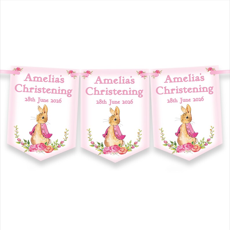 Pink Personalised Girls Christening ,Baptism Day Decoration,Bunting,Banner,Peter Rabbit,MULTIBUY DISCOUNTS image 4