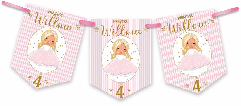 Prinzessin Geburtstag Wimpelkette, personalisierte Kindergeburtstagsparty Banner, Girlande, Auswahl an Haarfarben-MULTIBUY DISKONTEN Bild 4