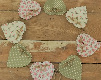 Fabric Bunting,Green and Pink,Rigid Hearts,Polka Dots,Ditsy Florals,100% Cotton,2.5 Metres Long