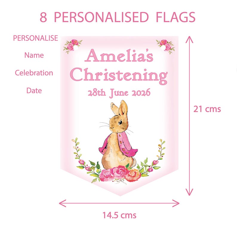 Pink Personalised Girls Christening ,Baptism Day Decoration,Bunting,Banner,Peter Rabbit,MULTIBUY DISCOUNTS image 5