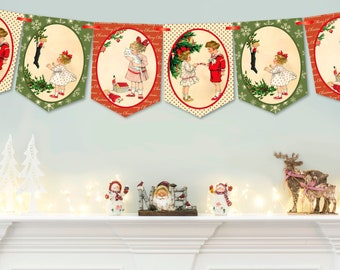 Christmas Bunting,Christmas Garland,Vintage Children Bunting,8 Flags,Christmas Decoration-MULTIBUY DISCOUNTS