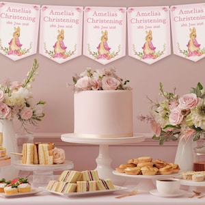 Pink Personalised Girls Christening ,Baptism Day Decoration,Bunting,Banner,Peter Rabbit,MULTIBUY DISCOUNTS image 2