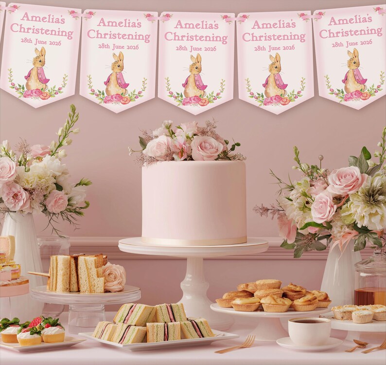 Pink Personalised Girls Christening ,Baptism Day Decoration,Bunting,Banner,Peter Rabbit,MULTIBUY DISCOUNTS image 2