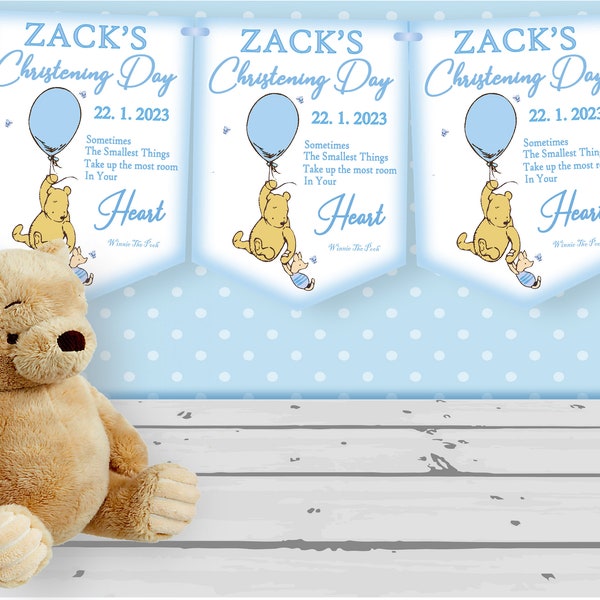 Blue Personalised Christening Bunting,Christening Banner,Boys Christening Day Bunting,Baptism-Winnie The Pooh,MULTIBUY DISCOUNTS