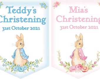 Personalised Peter Rabbit Christening Bunting For Boy or Girl,Christening Banner,Baptism,Pink or Blue-MULTIBUY DISCOUNTS