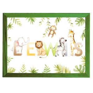 A4 Safari Impresión personalizada del nombre,Jungle Animals Print,Niños,Nuevo bebé o regalo de bautizo,Decoración de la guardería
