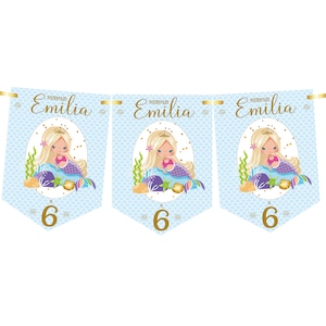 Mermaid Birthday Bunting,Personalised Childrens Birthday Party Banner,Garland,Choice of Hair Colour-MULTIBUY DISCOUNTS