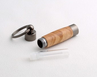 Wood Keychain - Consecrated Oil Vial -Olive wood - with easy refill bottle