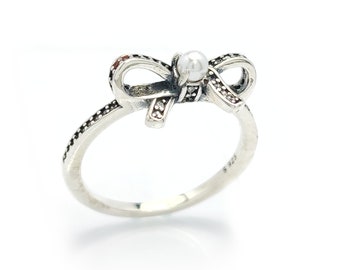 Silver Cubic Zirconia Bow Ring,Bow Silver Ring with Pearl,Gift for Her,Free Shipping