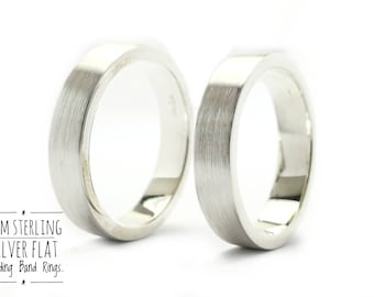 Sterling Silver 4mm Brushed Flat Wedding Band Rings Set