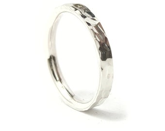 Sterling Silver Flat Wedding Band Hammered 2mm Comfort fit Ring