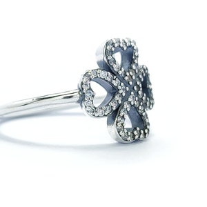 Sterling Silver Clover Ring |Oxidized Quatrefoil CZ Ring |Oxidized Four Hearts Clover Ring |  Stackable Cubic Zirconia Ring