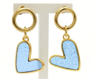Stainless steel Gold Heart Earrings | Hearts Earrings with blue Epoxy Enamel | Karma Earrings with Blue Heart | Ocean Heart Earrings