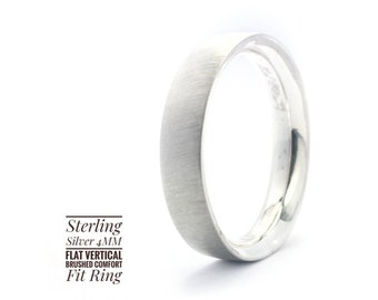 Sterling Silver 4mm Vertical Brushed Flat Court Wedding Band Ring,Flat Plain Brushed Band Ring