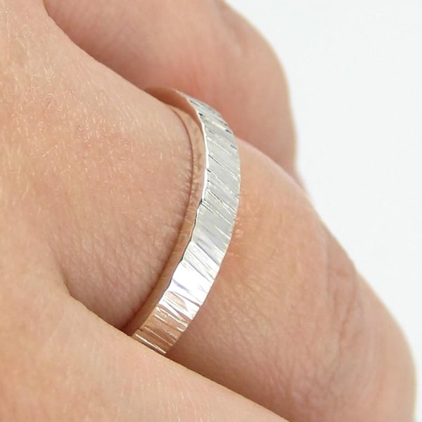Sterling Silver 2mm Wood Grain Wedding Band Ring Tree Bark Textured Rings 2mm Sterling Silver Handmade Jewelry Rustic Country Wedding
