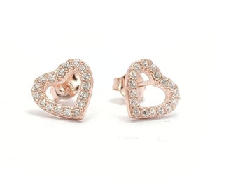 Sterling Silver  Heart Stud Earrings with Cubic Zirconia Rose Gold Color