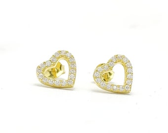 Sterling Silver Heart Earrings With Cubic Zirconia in Gold Color