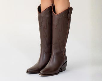 Brown Leather Pointed Toe Cowboy Boots | Pull On Knee High Boot | Block Heel Boots