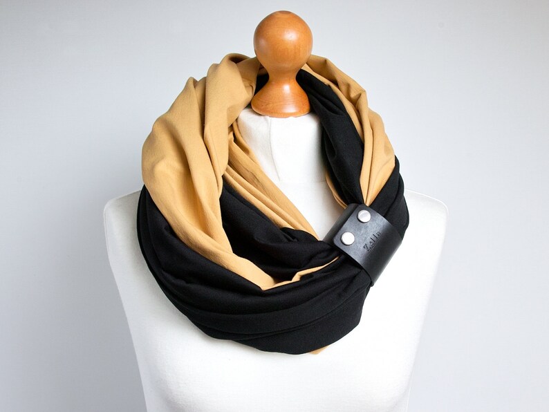 Black scarf with leather cuff, women scarf, fashion scarf, gift for her, mum gift, gift clothing image 2