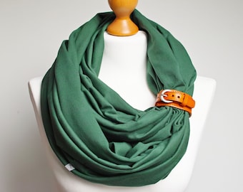 GREEN Tube scarf made of cotton with leather cuff for women, spring shawl infinity scarf, green infinity tube scarf, cotton scarf for women