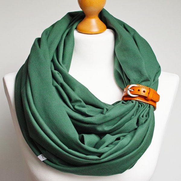 GREEN Tube scarf made of cotton with leather cuff for women, spring shawl infinity scarf, green infinity tube scarf, cotton scarf for women