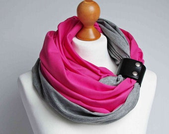 COTTON tube scarf with leather cuff, cotton women scarf, women scarf, gift idea for her, pink gray cotton tube scarf, spring scarf