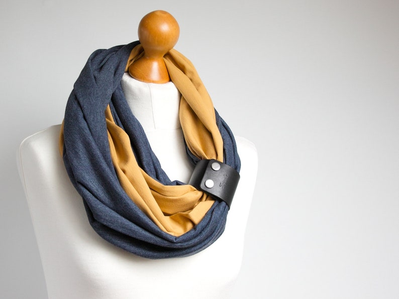 Navy blue and honey infinity women scarf, circle scarf ZOLLA, cotton scarf, autumn accessories, fashion scarf with leather strap, image 3