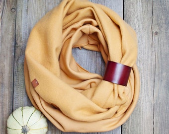 Chunky sweatshirt cotton jersey Infinity Scarf with Leather cuff – Winter Cotton Snood