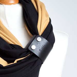 Black scarf with leather cuff, women scarf, fashion scarf, gift for her, mum gift, gift clothing image 7