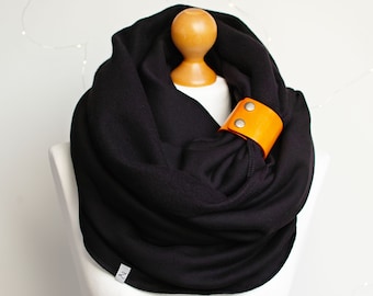 BLACK CHUNKY infinity scarf with leather cuff, soft cosy cotton jersey infinity scarf, scarves and shawls for winter, gift for her ideas