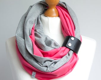 Circle scarf with cuff, spring scarf, fashion scarf, pink scarf with black cuff, gift ideas, gift for her, tshirt scarf