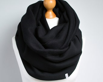 BLACK Infinity tube scarf, chunky jersey scarf, cotton sweatshirt jersey scarf in black color, hooded scarf, unisex scarf