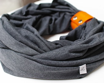 Cotton infinity scarf with leather cuff for women - GRAY cotton scarf - spring autumn accessories, travel scarf for women