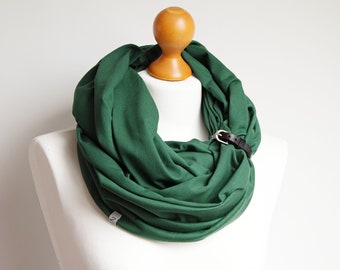 Green Cotton Infinity Scarf with Leather Cuff – Eco-friendly Travel Scarf