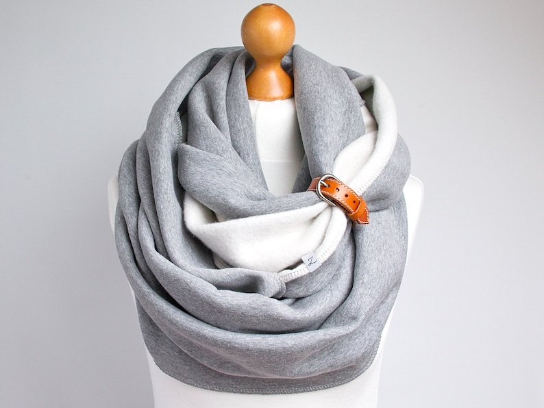 Winter infinity scarf with leather strap, cotton infinity scarf, women scarf knitted sweatshirt jersey scarf, infinity scarf, chunky scarf image 2